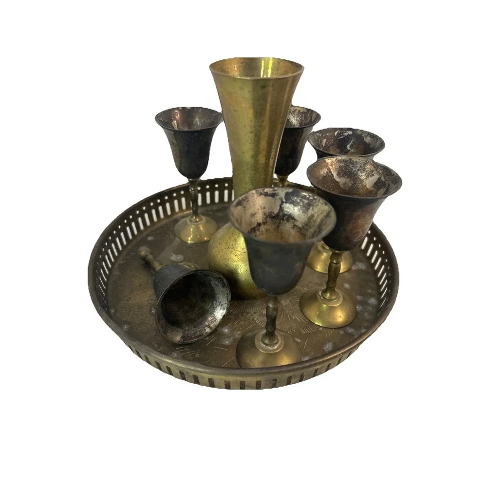 Set of 5 Vintage Brass Cordial Glasses Goblets Made In India With Tray Read